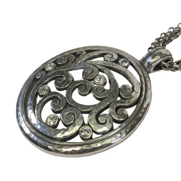 BRIGHTON Large Filagree Pendant Medallion w/ Crystals Double Chain Necklace Vtg - Picture 5 of 13